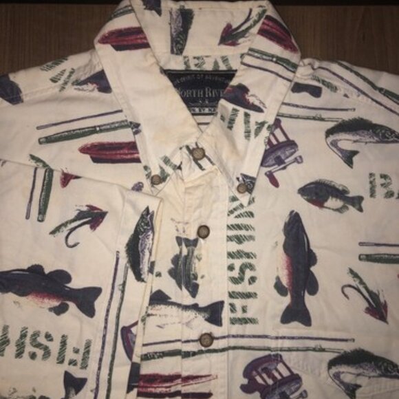 North River Outfitters Men's Button Up Fishing Fish Short Sleeve Shirt Large - Picture 1 of 9
